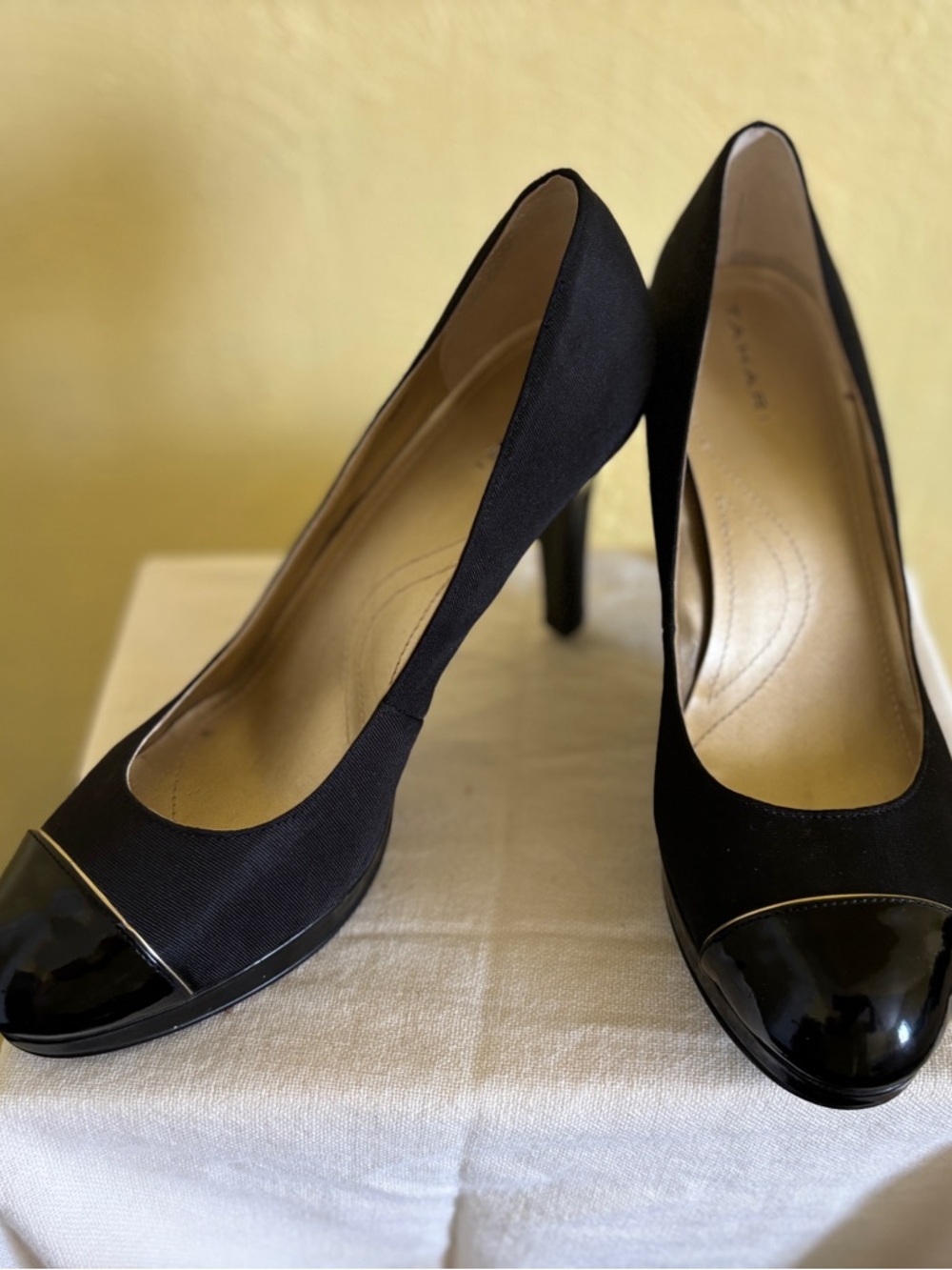Tahari Black Patent Cap-Toe Pumps